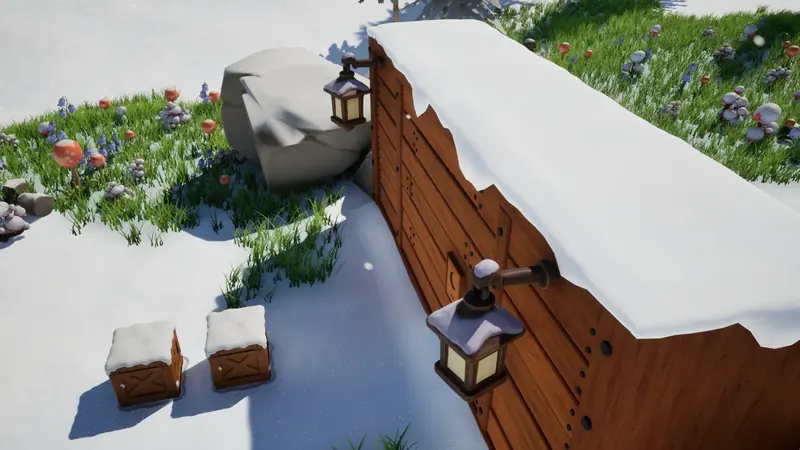 A snow-covered plank wall with lit lanterns