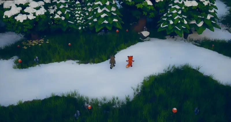 The fox and the raccoon walk along a snowy trail between snow-covered pines